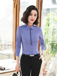 Long Sleeve Shirts For Women Gray Blue Korean Style Office Ladies Work Wear Elegant Blouses Female Tops Spring Autumn New