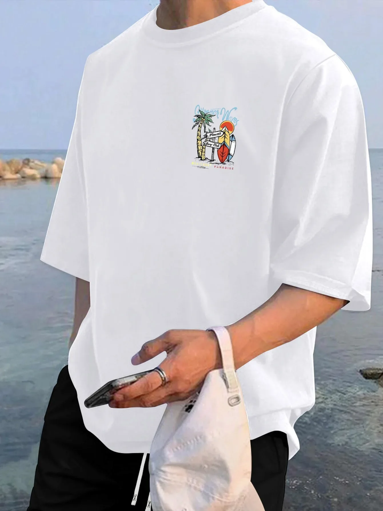 2026 Men's 100% Cotton Summer Waves Hawaii Surf Print T-Shirt White Short Sleeve Casual Tee For Beach & Surf Fans