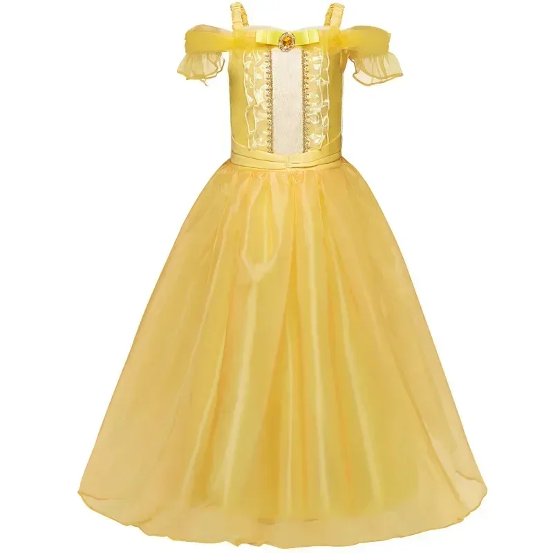 2024 Girls Cosplay Belle Princess Dress Beauty and The Beast Kids Vestidos Party Halloween Magic Wand Crown Children Costume