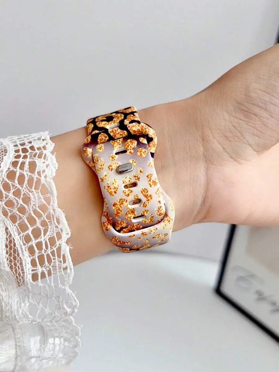 1pc New Fashion Gold Leopard Print Silicone Watch Band Compatible With Apple Watch 38mm 40mm 41mm 42mm 44mm 45mm 49mm (S10