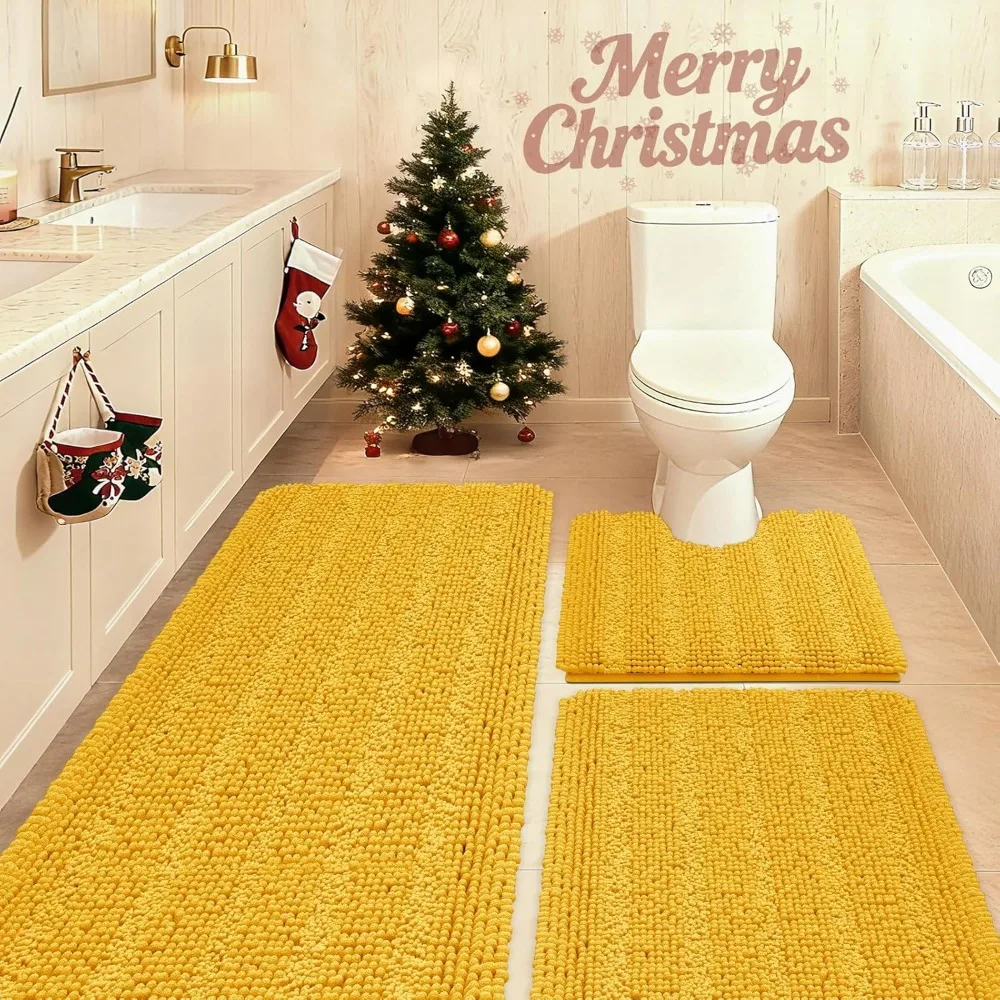 

Yellow Striped Bathroom Rug Set - 3 Pieces Ultra Soft Non-Slip Chenille Mat, Absorbent Plush for Bathroom, Bedroom, Kitchen