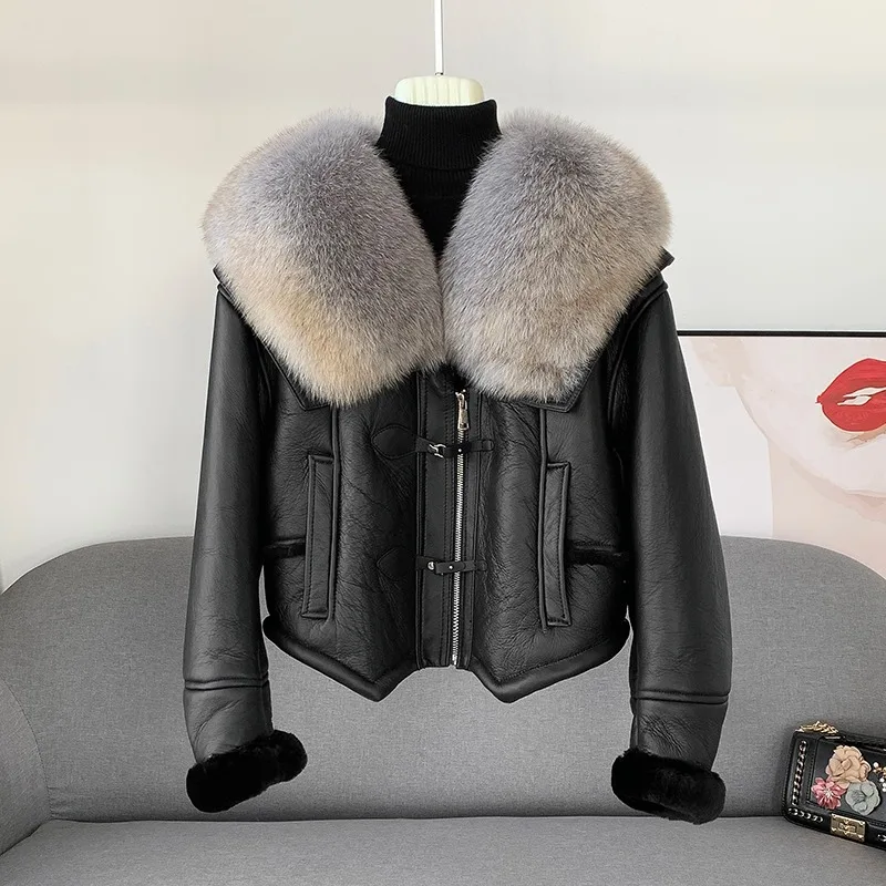 

2023 Winter Genuine Leather Warm Parka Women Merino Wool Sheep Skin Short Fox Fur Collar Coat Fashion Jacket JT415