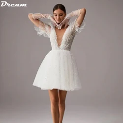 DREAM Customized Deep V Neck Mini Wedding Dresses Dot Tulle Short Puff Sleeves Bride Gown Backless Above Knee Boho Bridal Dress