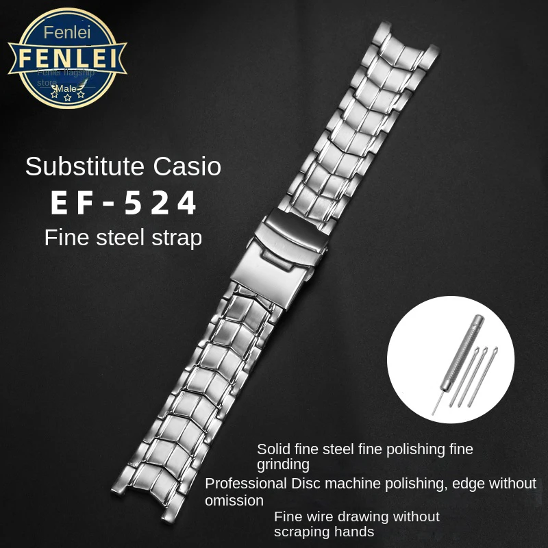 Solid Stainless Steel Genuine Wristband For CASIO Edifice EF-524 Watch Strap Bracelet Men Watchband Silver EF524D Safety Clasp