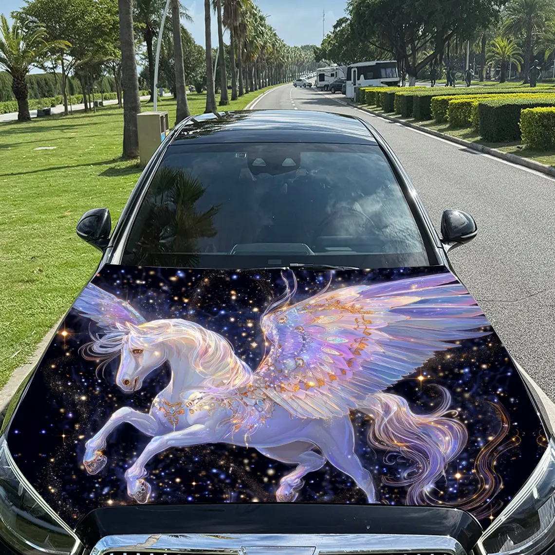 

Stardust Colorful Pegasus Car Vinyl Wrap, PVC Material Waterproof Car Hood Sticker, Self-Adhesive Scratch-Resistant Stickers for