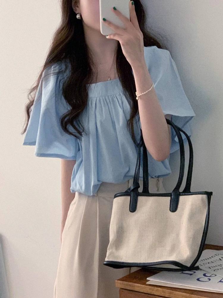 

Summer Chic Sweet Headturner Doll Shirt Loose Square Collar Bell Sleeve Pleated Casual Korean Style Women's Fashion Top