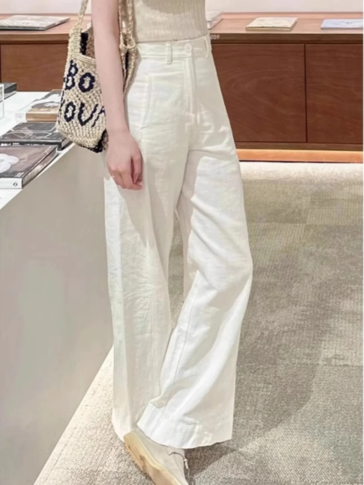 

White Cotton Linen Casual Pants Women Summer New High Waist Drapey Suit Pants Small Size Straight Leg Wide Leg Pants