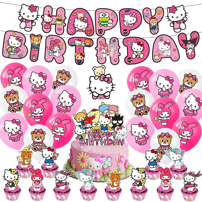 Sanurgente-Décoration de fête d'anniversaire pour filles, Happy Birthday Party, Cute Cartoon Banner, Balloons, Chi Cake Toppers, Wrappers, Swimexposfor