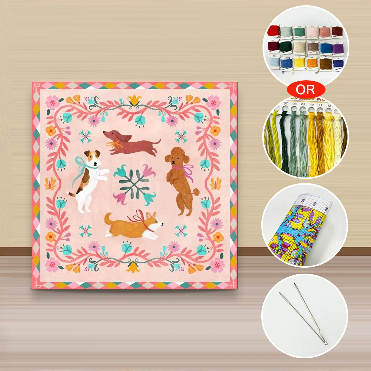 1 Stück 40x40 cm/15,74 Zoll, 11Ct/14Ct Kreuzstich-Set, DIY Valentinstagsgeschenk, Stickerei-Set für Festlichkeiten, Cartoon-Engelhunde – Detail 2