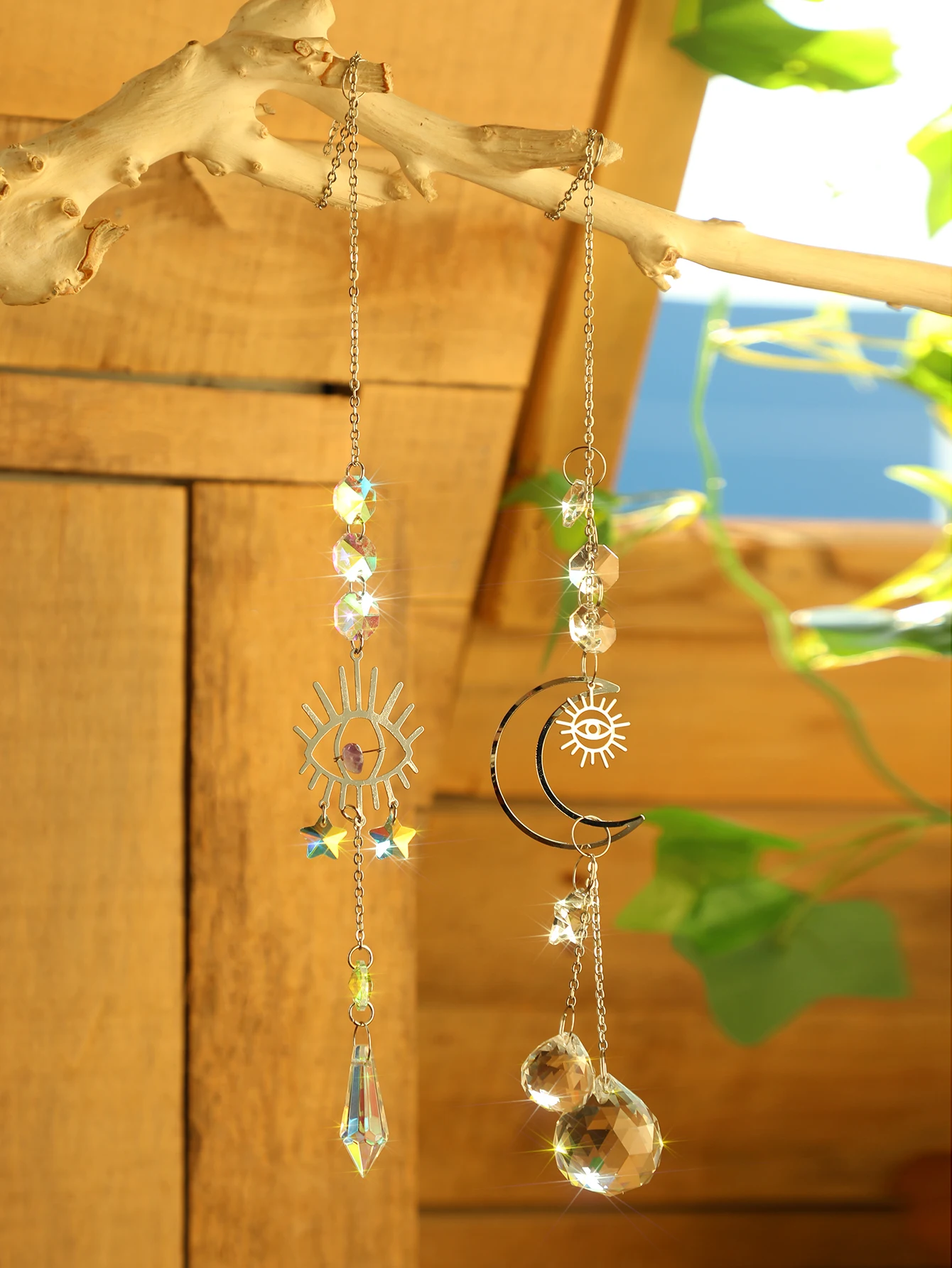 Picture 7: 2pcs Evil Eye Moon Crystal Sun Catcher Hanging Ornaments Garden Suncatchers Window Wind Chimes Light Catcher Outdoor Decors Gift