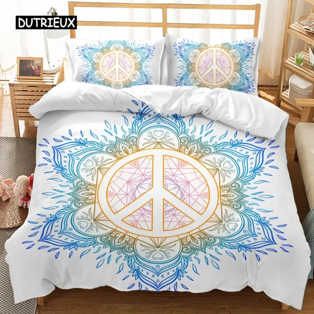 Peace and Love Duvet Cover Set Colorful Peace Sign Bedding Set for Boys Girls Rainbow Tie Dye King Polyester Comforter Cover