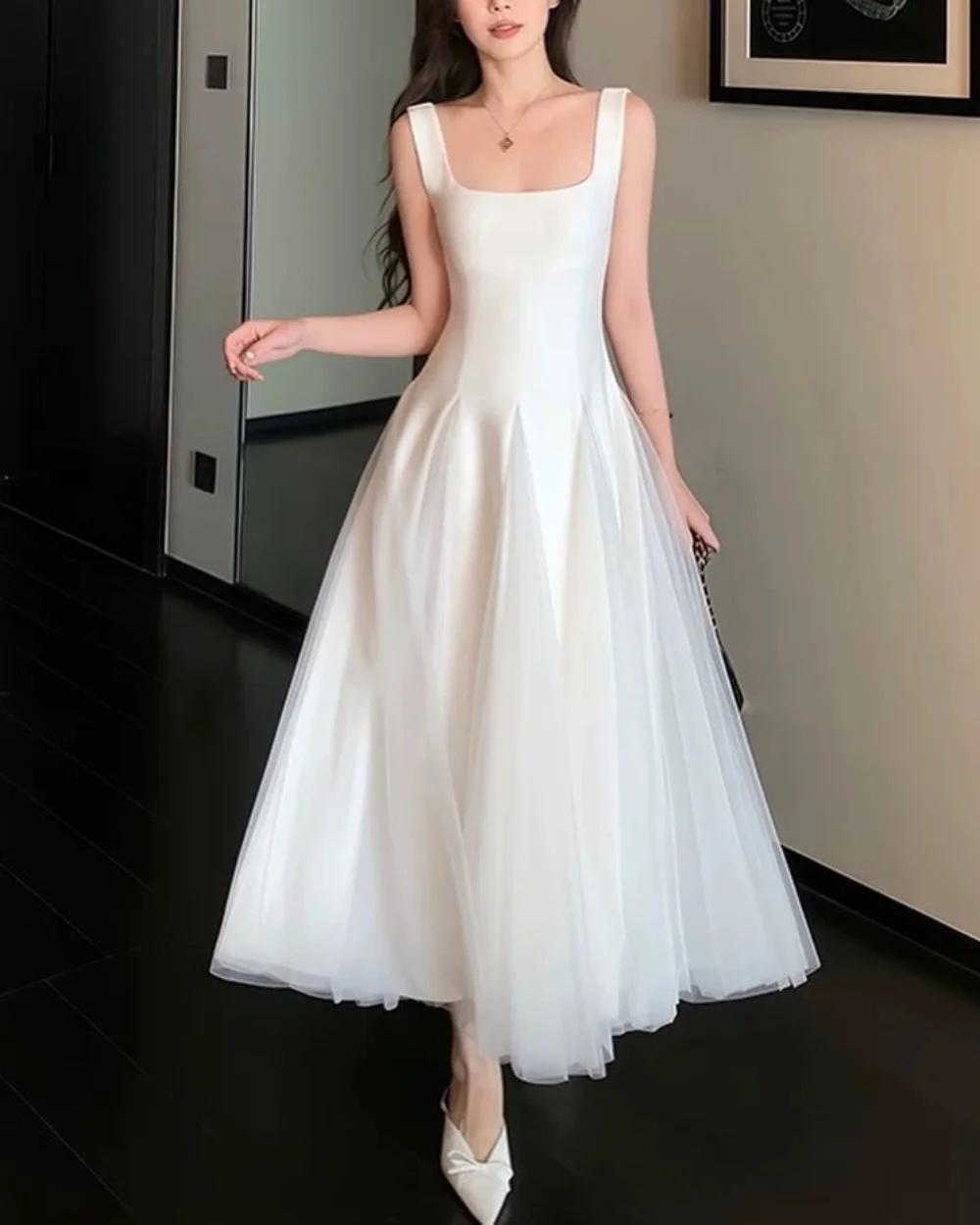 

Customized Exquisite Fashion Tulle Pleat Ruched A-line Square Neck Midi Dresses Bespoke Occasion Dresses Sizes Available Classic