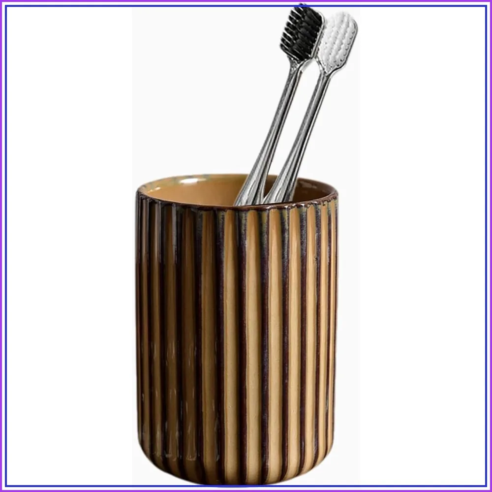 

Ceramic Toothbrush Holder Set, Brown Kiln Transformation Cup, Bathroom Organizer for Countertop, Anti-Slip, Eco-Friendly