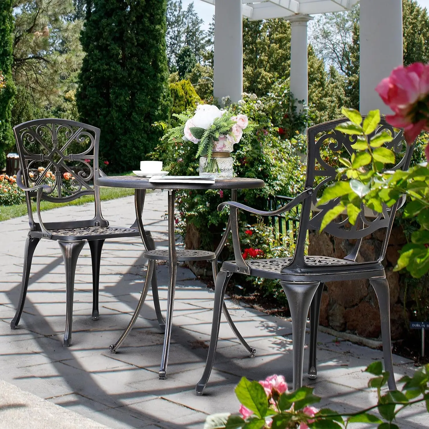 Ensemble de table de bistrot en aluminium moulé, meubles d'extérieur, degré météo, table et chaises avec trou de parapluie pour cour, 3 pièces