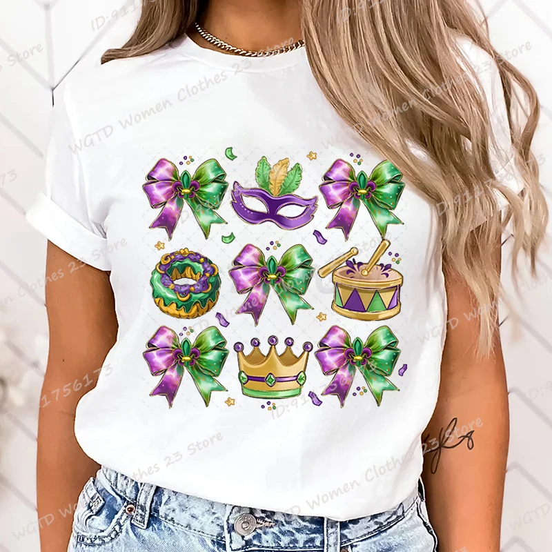 Mardi Gras Print T-Shirts For Women Summer Solid Color Short Sleeve Tee Shirts Round Neck Casual Soft Loose T-shirts Ladies Tops