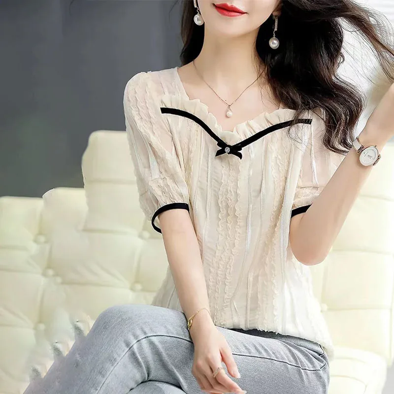 Fashion Women\'s Elegant Blouse Korean Square Collar Bow Lace Cut Spliced Shirt Summer New All-match Short Sleeve Tops for Female