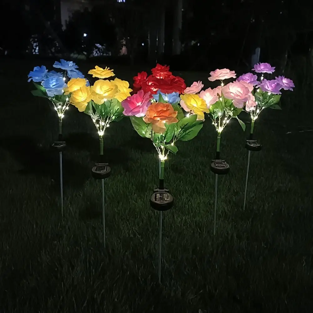 

1 Bundle 7-Head Simulation Rose Flower Light Solar Powered Waterproof Garden Solar Lights Ground Inserted Colorful