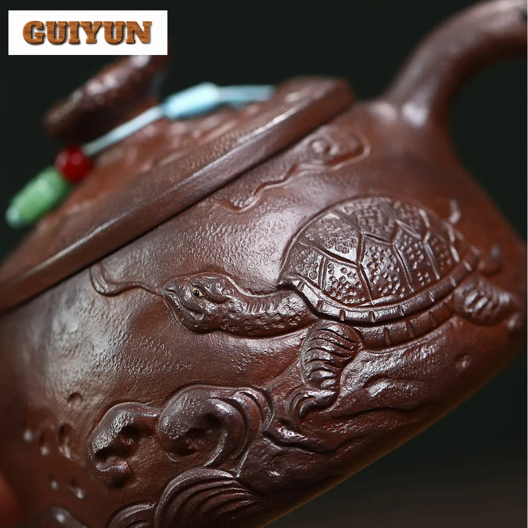 220ml Yixing Purple Clay Teapots Master Handmade Stone Scoop Turtle Pot Raw Ore Purple Mud Fire Cloud Burn Kettle Zisha Tea Set