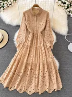 Women New Fashion Spring Autumn Retro Hollow Out Embroidery Lace Stitching Lapel Long Sleeve Dress Elegant A-line Dresses GD656