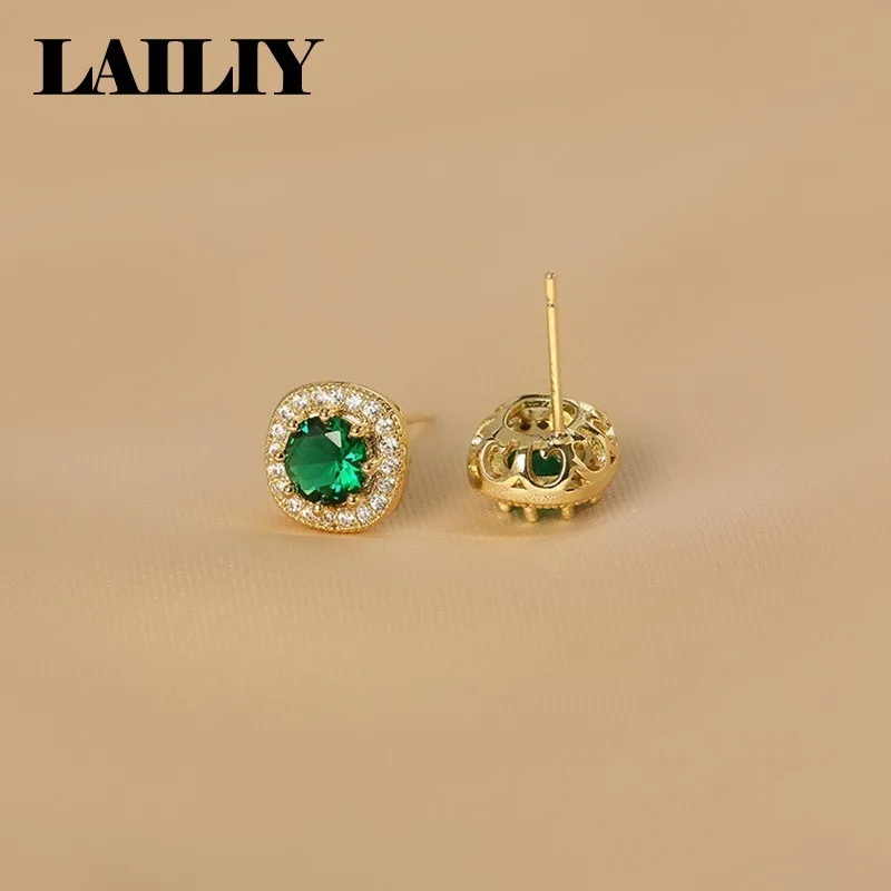 LAILIY 925 Sterling Silver 18K Gold Birthday Gift Party Emerald Square Diamond Stud Earrings For Women Fashion Jewelry