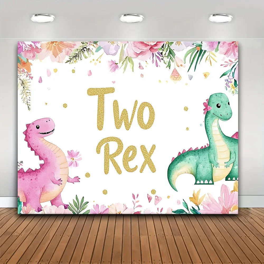 2D Flat 1pc Birthday Celebration Theme Backdrop Two T-Rex Dinosaur Eggs & Jungle Wild Animal Party Background 2Nd Birthday Banne
