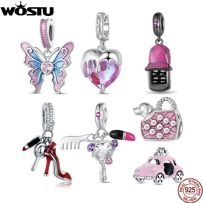 WOSTU 925 Sterling Silver Pet Dog Beads Car Charms Rainbow Crystal Pendant Fit DIY Necklace Bracelet Fashion Girl Jewelry Making