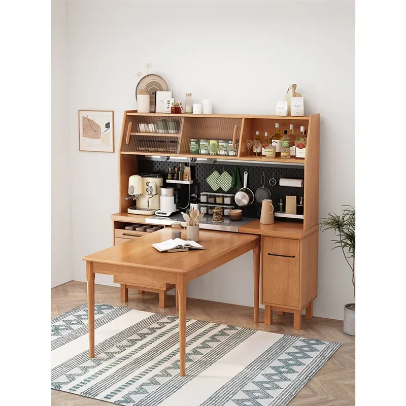 Nordic all-solid wood dining side cabinet, dining table integrated, small apartment tea cabinet against the wall, wine cabinet