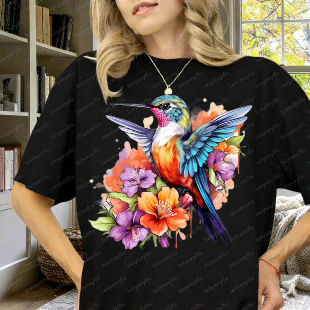 Floral Hummingbird Shirt Animal Lover Tee Bird T Shirts Trendy Tee Gift for Her Bird Lover T-Shirt  Spring Birds Flower Shirt
