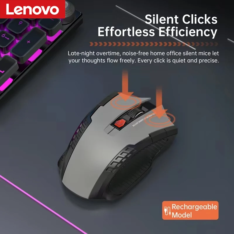 Mouse Gamer Óptico Sem Fio Lenovo Silent Clicks de Modo Duplo 2.4GHz Bluetooth Recarregável para Escritório e Jogos