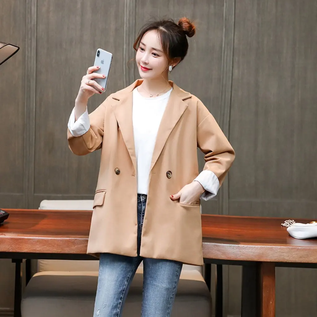 

Весенняя женская облегающая двубортная куртка в корейском стиле, свободный повседневный модный костюм большого размера, топ