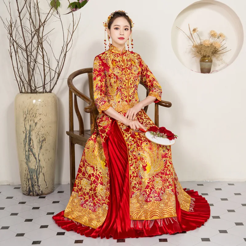 

Yourqipao Dragon and Phoenix Coat 2023 Chinese Ancient Costume Wedding Dress Xiuhe Bridal Toast Dresses Women Traditional Sets