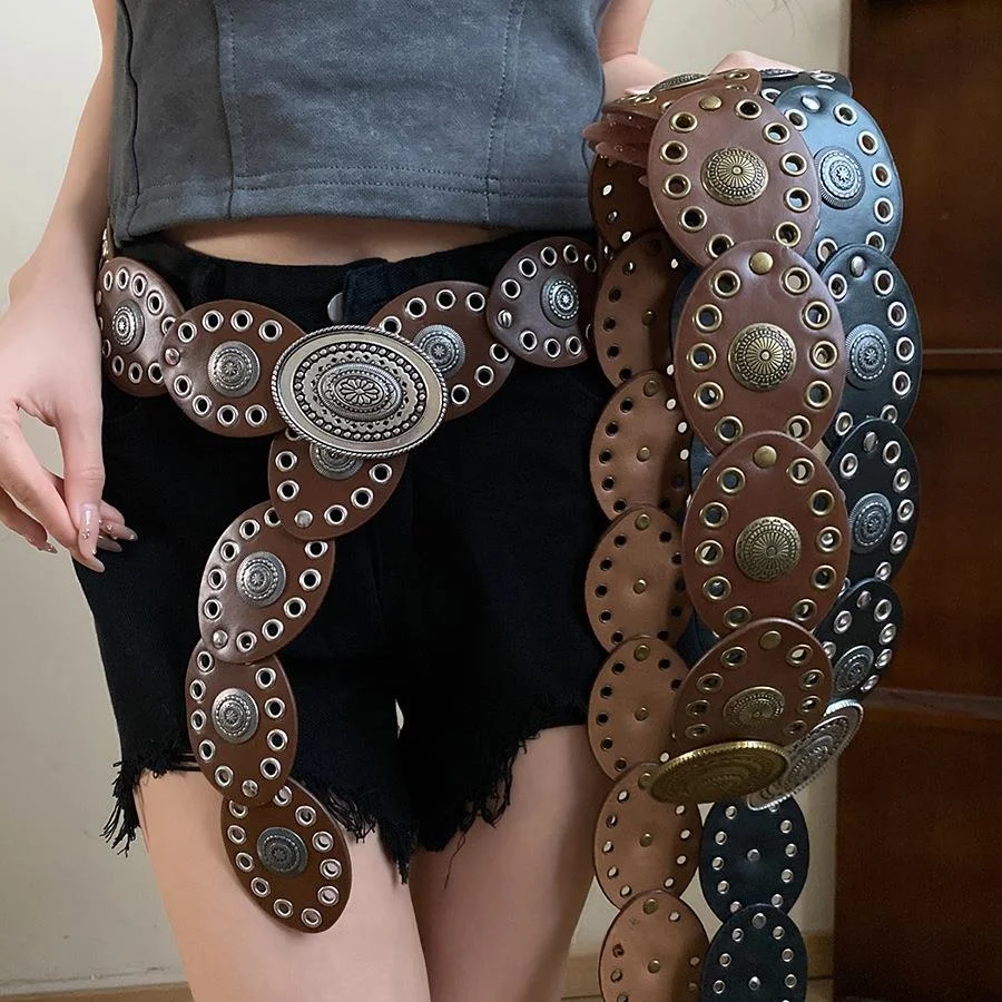 ファッショナブルなレザー中空リベットウエストチェーンヴィンテージ多用途女性用ベルトエスニックスタイルハイエンドウエストデコレーション