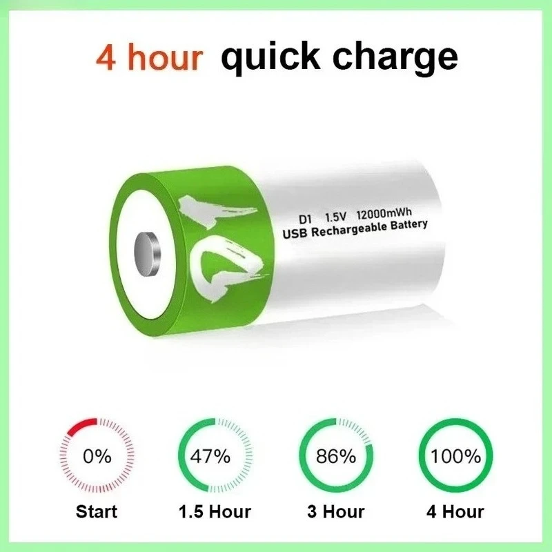 

1.5V 12000mWh D Size Rechargeable Lithium Battery with Type-C charging cable For Flashlight Gas stoves and Water Heaters