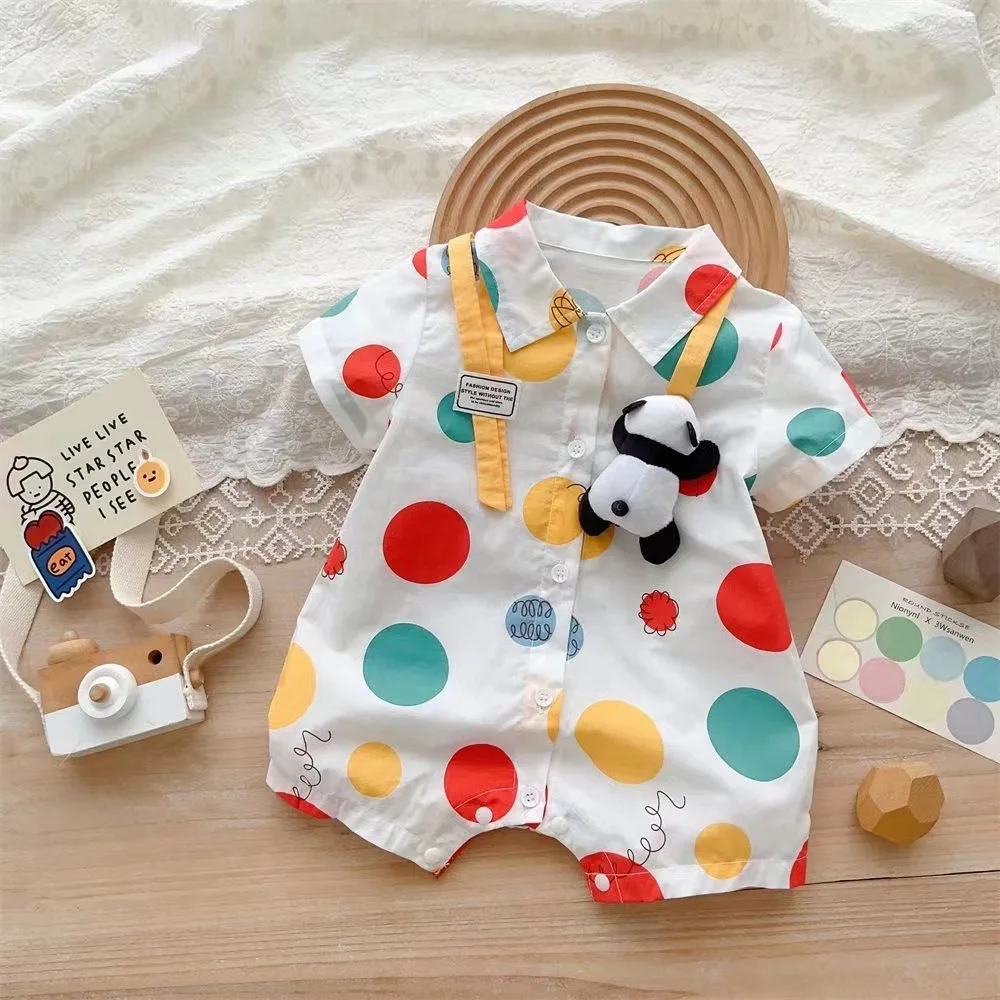 Baby Boy Summer One-piece Short-Sleeved Shirt Romper Baby Summer Thin Polka Dot Romper Full Moon Hundred Days Clothes