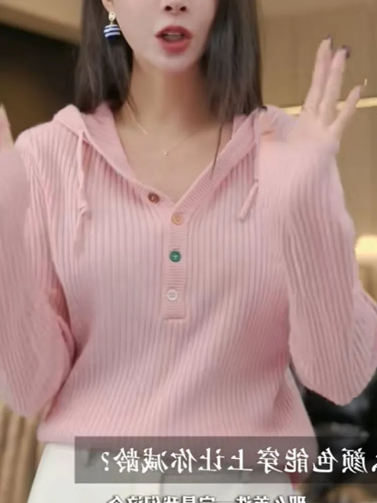 

Pure Color Hooded Wool Knitted Sweater Long Sve Overhead Women's Faion Slimming Inner Wear Korean Sle Commute Sle