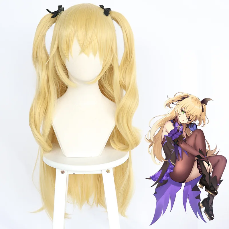 

Anime Genshin Impact Fischl Cosplay Wig Blonde Twin Curly Ponytails Golden Straight Heat Resistant Hair Wigs