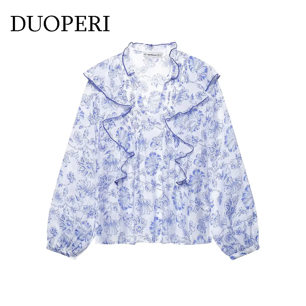 DUOPERI femmes mode imprimé à volants plissé pull Blouse Vintage col en v manches longues femme Chic dame chemises Camisas Mujer