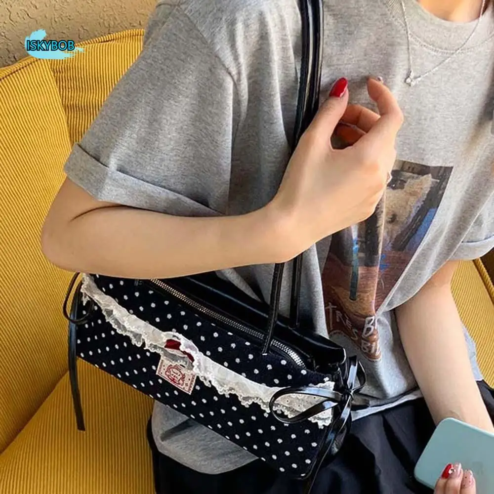 

All-match Sweet French Stick Handbag Lace Bow Polka Dot Underarm Bags Korean Style Large Capacity PU Shoulder Bag Work
