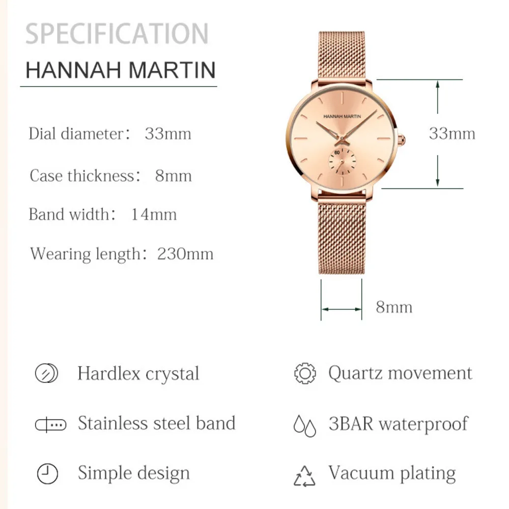 HANNAH MARTIN Women Watch 33mm Quartz Watch Small Second Hand Waterproof Exquisite Steel Mesh Strap Watch for Women Reloj Mujer