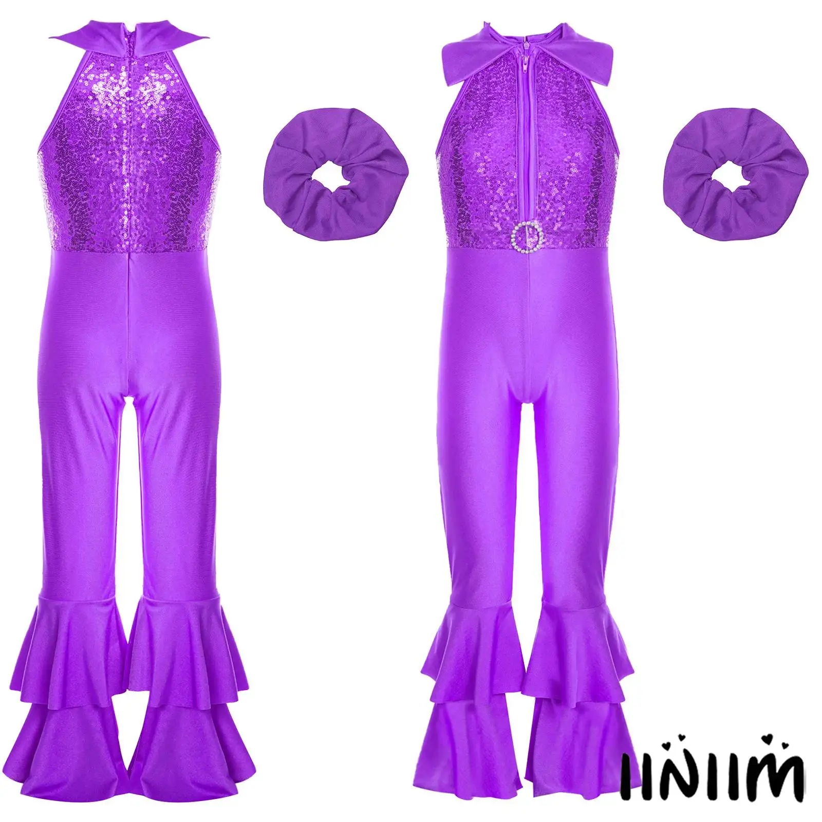 

Girl's Sequin Dance Leotard Set Sleeveless Turn-Down Collar with Diamond O-Ring Dual Zipper Design Gymnastic Stage Performance