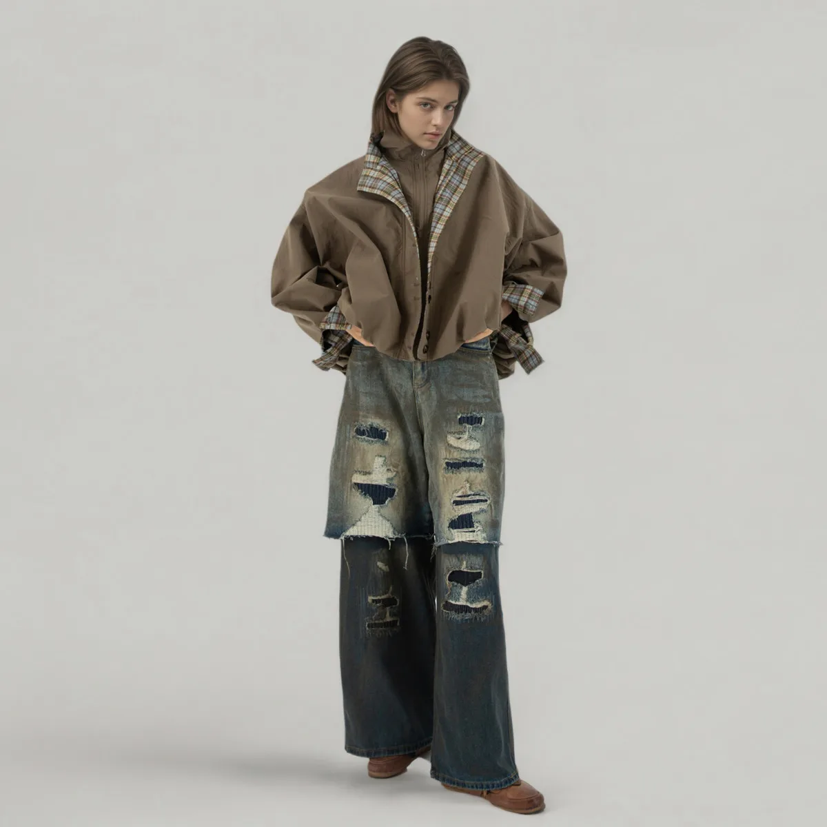 CiCi 2025 الخريف الشتاء الرجعية Colorblock منقوشة السترة معطف المرأة موضة وهمية قطعتين تصميم مزيج القطن والبوليستر #3