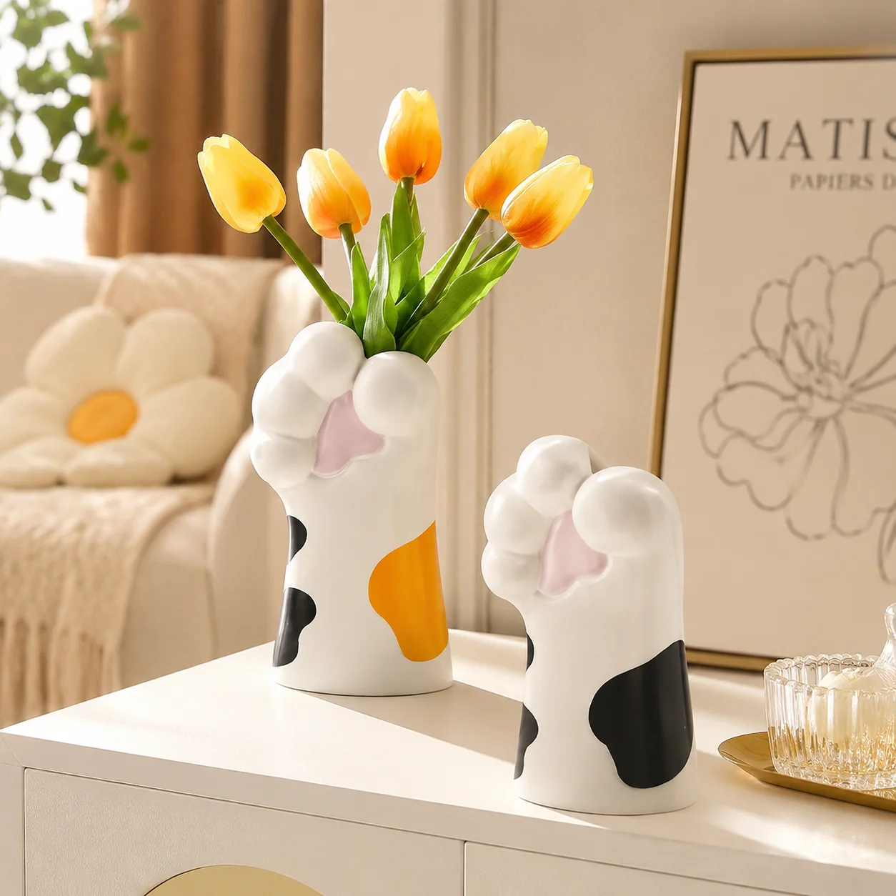 Cute Cat Paw Vase Flower Holder Tabletop Living Room TV Cabinet Entryway Office Black Orange Home Ornament Desk Decor