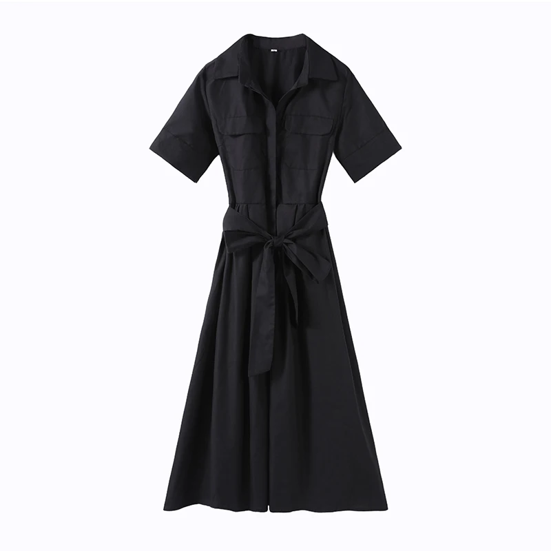 Elegante riemjurk voor dames, lange zwarte jurk met lange mouwen, geplooide revers, taille-aansluitend, A-lijn jurken, lente 2026, nieuwe damesjurken - afbeelding 2