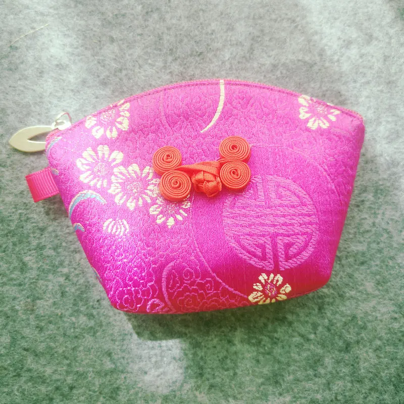 

Oriental Rose Red Coin Purse Weaving Brocade Satin Wallet With Chinese Knot Decorate & Shou Pattern Mini Bag Ethnic Accessories