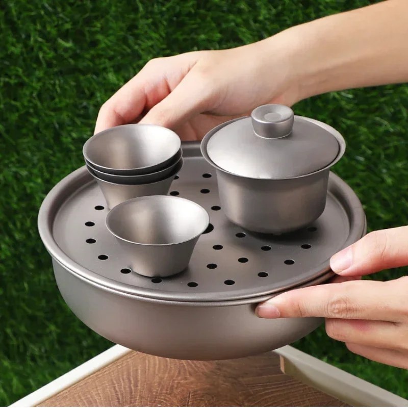 Titanium Camping Tea Set Tableware Ultralight Portable with Storage Box Teaboard Bowl Cup Outdoor Picnic Hike Make Tea Equipment