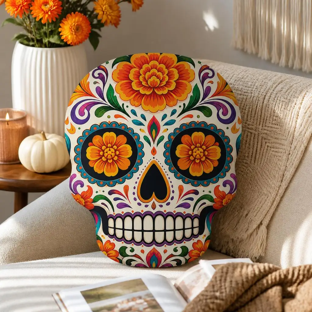 Day of the Dead Skull Pillow Mexican Calavera Cushion Marigold Floral Throw Pillow Plush Stuffed Folk Art Home Decor Gift