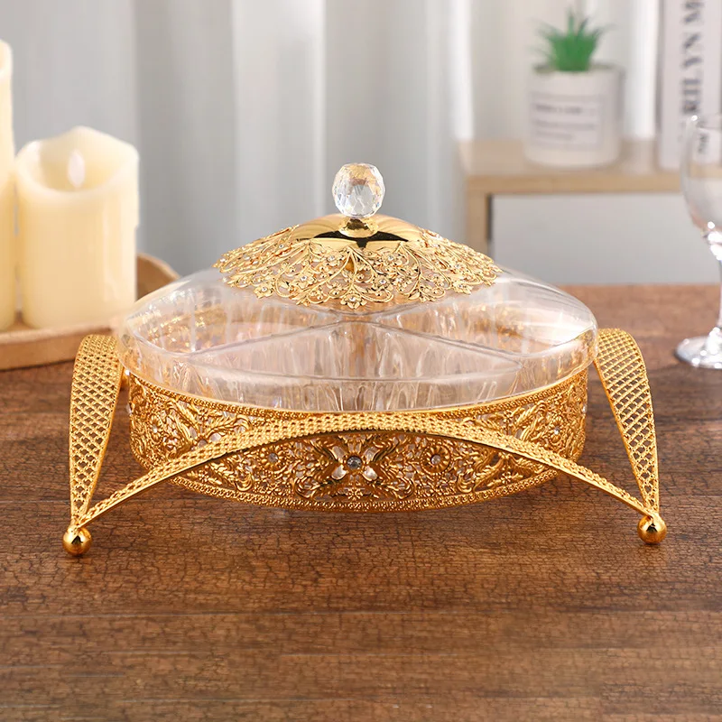 HYS European Creative Acrylic Fruit Plate Gold Hollow Decorative Dried Fruit Box Snack Fruit Dried Platter with Lid