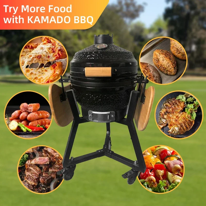 16 Inch Black Stone Pattern Ceramic Kamado BBQ Grill Charcoal Smoker Pizza Oven with Foldable Bamboo Side Tables & Iron Stand fo