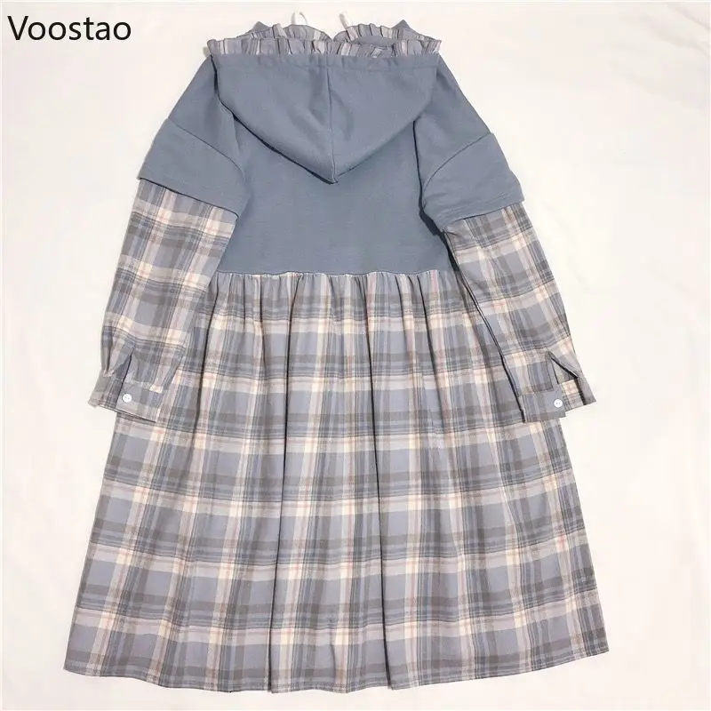 Japanese Kawaii Lolita Style Dress Women Sweet Plaid Patchwork Ruffles Loose Dresses Korean Fashion Cartoon Sheep Print Dress