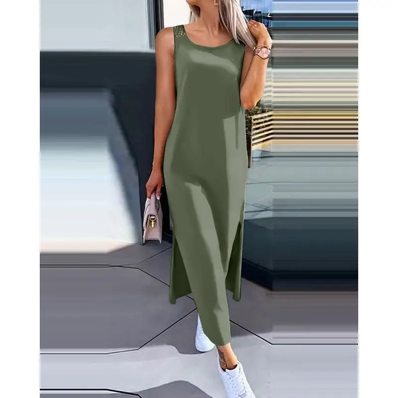 Sommer Neue Ärmellose Hohl Sexy Lose Kleid Frauen Mode Schlitz Feste Beiläufige Vestidos Rundhals Schlank Damen Kleider